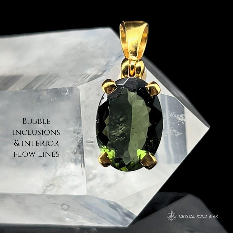 Genuine Moldavite Gold Pendant & Optional Greenland Nuummite Empath Protection Stone Set - Faceted Oval Cut Green Tektite - CrystalRockStar Meditation Jewelry
