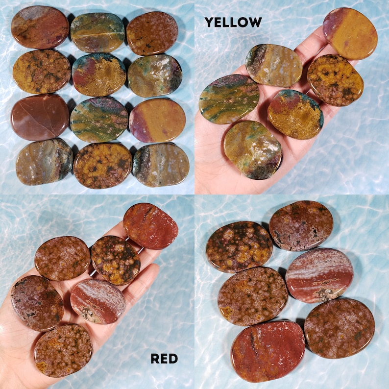 Ocean Jasper Palm Stone - Flat Oval Crystal for Manifestation - Yellow and Red Polished Genuine Crystals - CrystalRockStar CA Shop