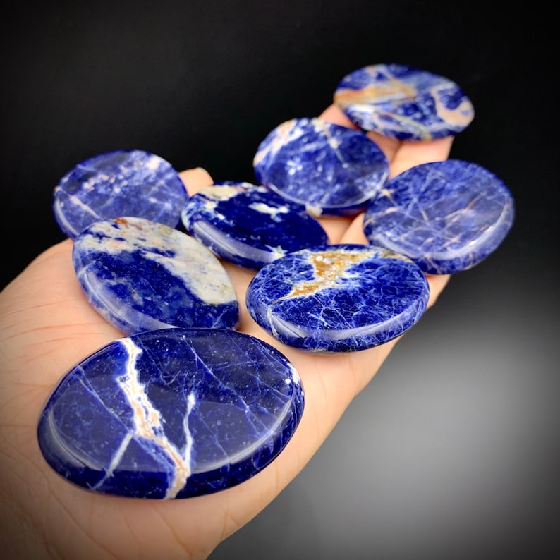 Sodalite Oval Palm Stone Polished Flat Crystal - Premium Deep Blue Lazulite and White Vein Calcite Inclusions - Hematite Inclusions  - Ethically Mined Crystals