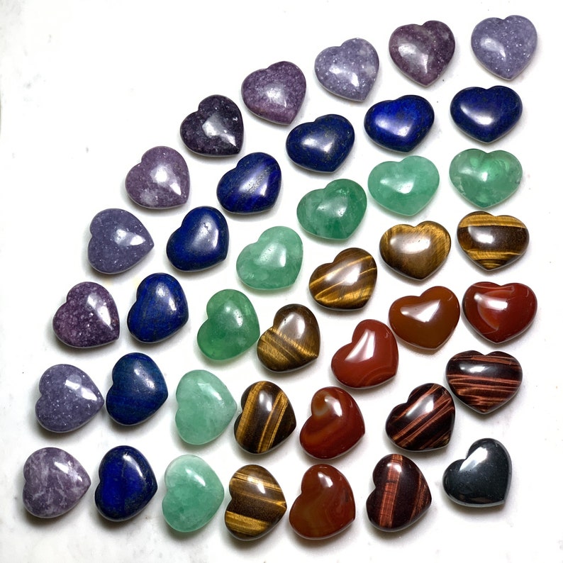 Rainbow Heart Palm Stone Grid - Crystal Meditation Set Kit Chunky 1.7 Inches - Crystal Rock Star California Shop - Red Tiger Eye - Green Fluorite - Lapis Lazuli - Lepidolite - Carnelian