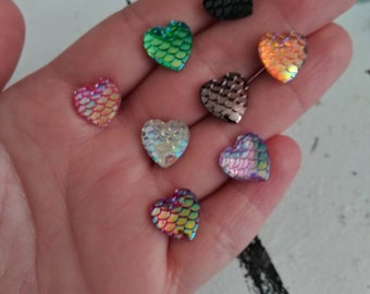 Color Change Hearts with Mermaid or Dragon Scales Stud Earrings - Hypoallergenic - Stainless Steel