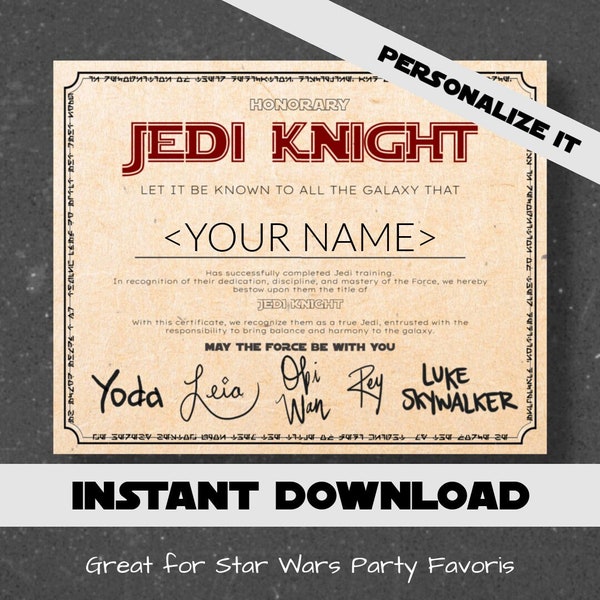 Jedi Certificate Star Wars Party Favor | Jedi Knight Certificate for Star Wars Party | Star Wars Gift for kids | Instant Download