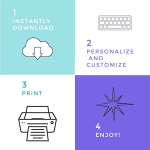 May include: A four-step guide to creating a personalized design. Step 1: Instantly download. Step 2: Personalize and customize. Step 3: Print. Step 4: Enjoy!