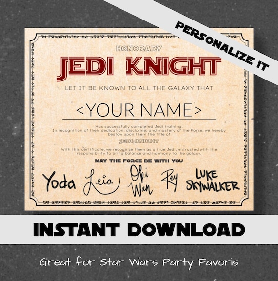 Jedi Certificate Star Wars Party Favor | Jedi Knight Certificate for Star Wars Party | Star Wars Gift for kids | Instant Download