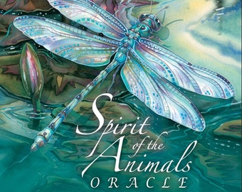 May include: A blue dragonfly with iridescent wings rests on a lily pad in a pond. The water is a vibrant turquoise color and there is a pink water lily in the background. The text "Spirit of the Animals Oracle" is written in a decorative font below the dragonfly. The text "By Jody Bergsma" is written in a smaller font below the title.