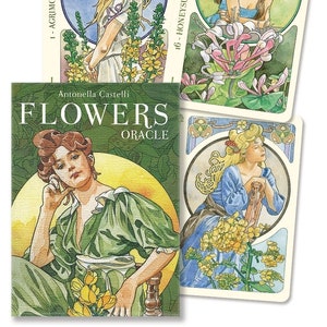 Flores Oracle Cards & Guidebook Set Tarot Card Deck Book Kit fantasia art nouveau flor magia pagão wicca wiccan bruxaria artesanato bruxaria
