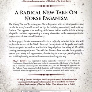 K&ouml;nnte beinhalten: Buchumschlag mit einem rot-wei&szlig;-schwarzen Design. Der Titel lautet "A Radical New Take on Norse Paganism." Der Untertitel lautet "The Way of Fire and Ice." Der Autor ist Ryan Smith. Das Buchcover enth&auml;lt auch ein Zitat von Shane Burley, Autor von "Fascism Today: What It Is and How to End It."