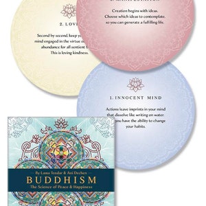 Budismo: La ciencia de la paz y la felicidad Juego de cartas de baraja Oracle Card Book Kit magia redonda wicca wiccan brujería brujería tarot