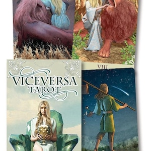 May include: A deck of Vice Versa Tarot cards featuring four different card designs. The cards depict illustrations of figures with symbolic imagery, including a lion, a demon, and a figure with a staff. The deck's title is visible on one card.