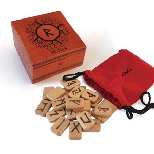 Deluxe Wooden Runes Set Runic Stones Velvet Pouch Instruction Booklet ...