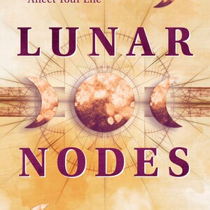 May include: Book cover with the title "Lunar Nodes" in large purple letters. The cover features a yellow background with a stylized image of three moons in different phases. The text "What They Mean and How They Affect Your Life" is at the top of the cover. The author's name, "Wendell C. Perry", is at the bottom of the cover, along with the text "author of Behind the Horoscope".