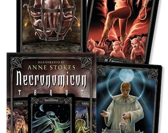 May include: A set of tarot cards with dark, gothic imagery. The cards feature illustrations of creatures and characters from the Necronomicon, a fictional book of magic and horror. The cards are designed by Anne Stokes and feature the title "Necronomicon Tarot" on the box.