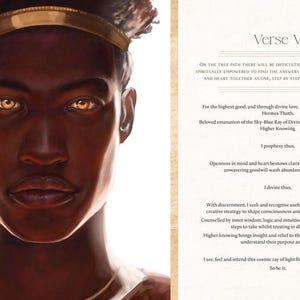 May include: Illustration of a person with dark skin, golden eyes, and a gold headpiece. The image is from a book with text on the right side, including the words "Verse V" and other spiritual text.