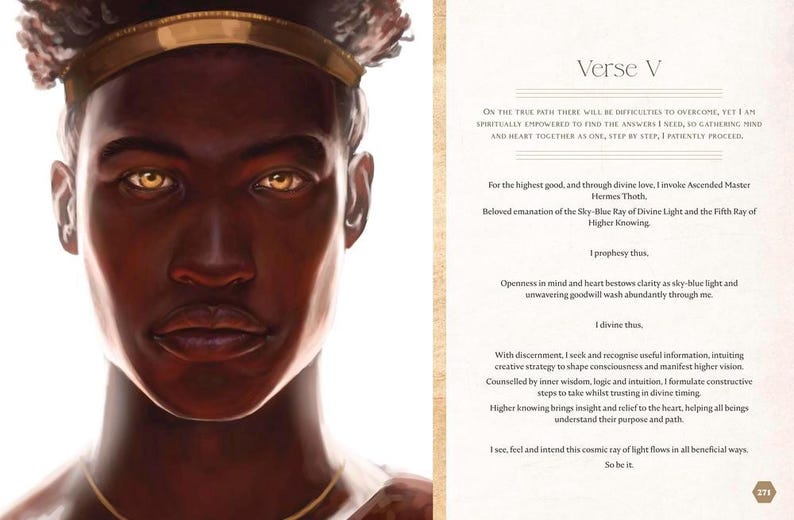 May include: Illustration of a person with dark skin, golden eyes, and a gold headpiece. The image is from a book with text on the right side, including the words "Verse V" and other spiritual text.