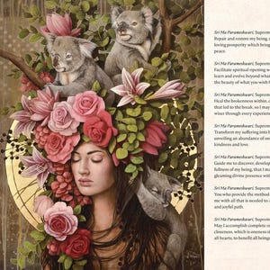 May include: An artistic illustration features a woman with closed eyes, adorned with a floral headdress of pink and red roses, and surrounded by koalas. The artwork has a spiritual theme, with text on the side.