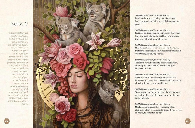 May include: An artistic illustration features a woman with closed eyes, adorned with a floral headdress of pink and red roses, and surrounded by koalas. The artwork has a spiritual theme, with text on the side.