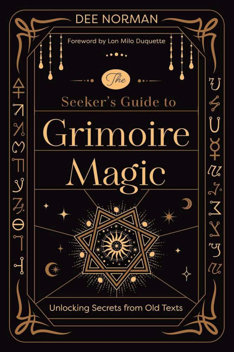May include: A book cover with a black background and gold lettering. The title reads "The Seeker's Guide to Grimoire Magic." The cover features a geometric star design and the text "Unlocking Secrets from Old Texts."