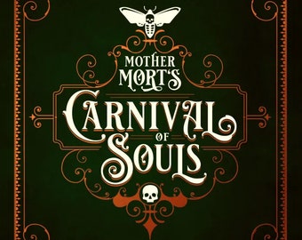 Op de afbeelding: Een groene en gouden orakeldeckdoos met de titel "Mother Mort's Carnival of Souls Oracle Deck". De doos heeft een witte nachtvlinder met een schedel op zijn borst en een schedel met gekruiste beenderen.