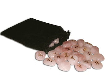 Juego de runas de cuarzo rosa, piedras rúnicas, bolsa de terciopelo, folleto de instrucciones, kit de piedras rúnicas, adivinación nórdica, brujería pagana, brujería, wicca