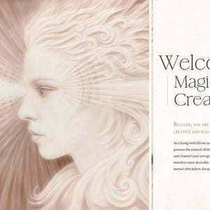 May include: An artistic illustration of a woman's profile in sepia tones, radiating light. The image is accompanied by text that reads "Welcome, Magical Creature" and a description about inner potential and manifestation.