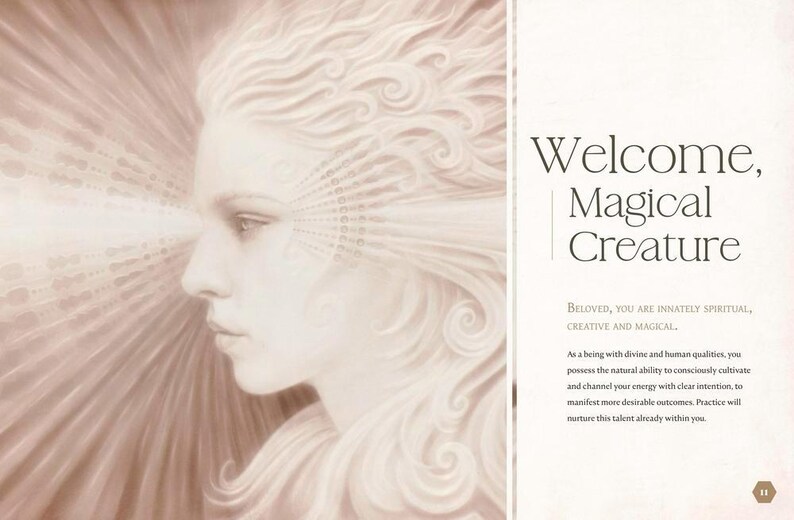 May include: An artistic illustration of a woman's profile in sepia tones, radiating light. The image is accompanied by text that reads "Welcome, Magical Creature" and a description about inner potential and manifestation.