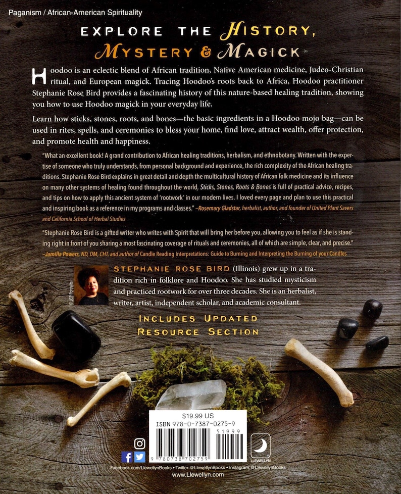 May include: A book cover with the title "Explore the History, Mystery & Magick" and the author's name, Stephanie Rose Bird. The cover features bones, stones, and moss, with text about Hoodoo practices and African-American spirituality.