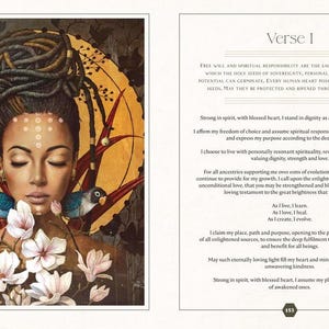 May include: An artistic illustration of a woman with closed eyes, adorned with dreadlocks and a golden halo. Two small birds flank her face, and white flowers bloom at her chest. The image is from a book with text on the right page.