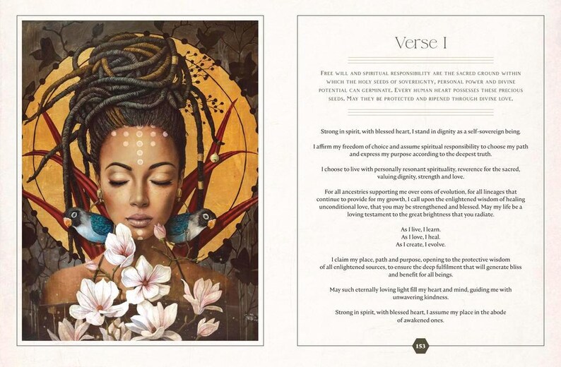 May include: An artistic illustration of a woman with closed eyes, adorned with dreadlocks and a golden halo. Two small birds flank her face, and white flowers bloom at her chest. The image is from a book with text on the right page.