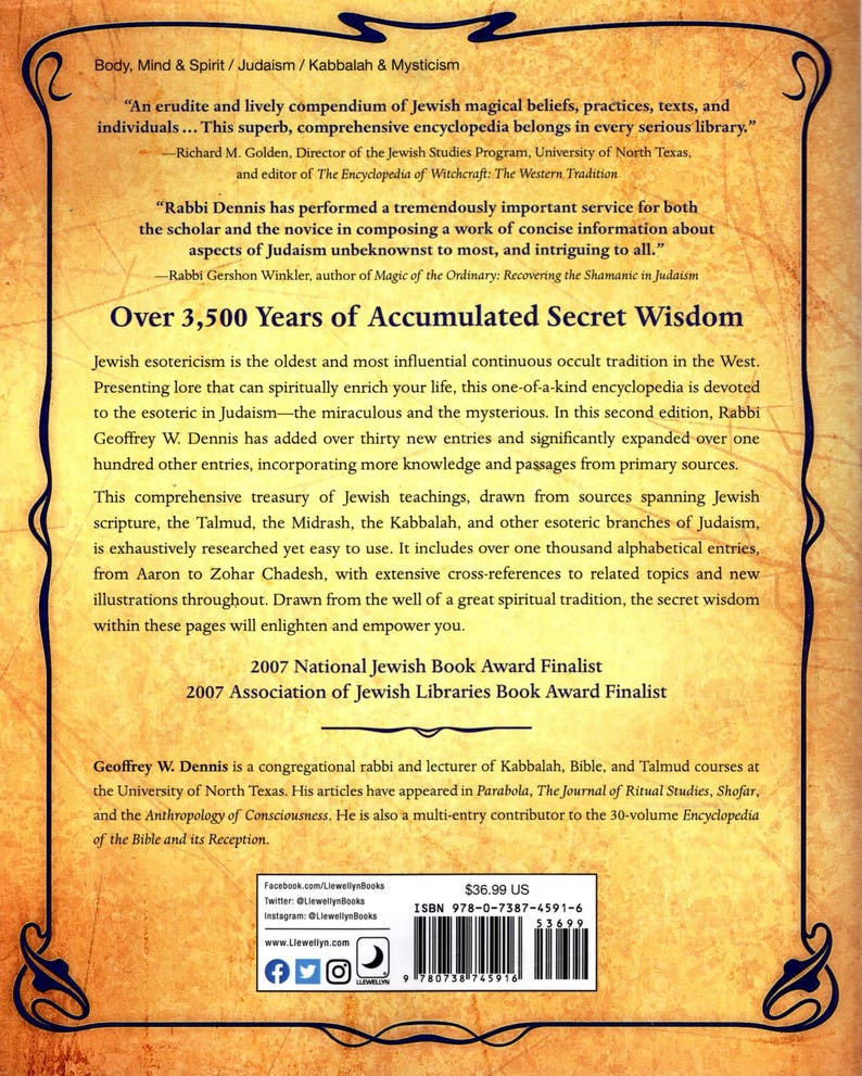 May include: Book cover with a yellow background and brown text. The title is "Over 3,500 Years of Accumulated Secret Wisdom". The book is about Jewish esotericism and includes information about the Talmud, Midrash, and Kabbalah. The book has won two awards: the 2007 National Jewish Book Award Finalist and the 2007 Association of Jewish Libraries Book Award Finalist.