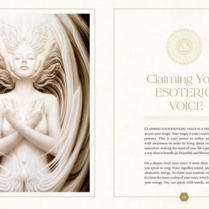 May include: An illustration from a book features a serene, nude figure with closed eyes, hands crossed over the chest, surrounded by flowing, ethereal forms. The text "Claiming Your Esoteric Voice" is displayed on the facing page.