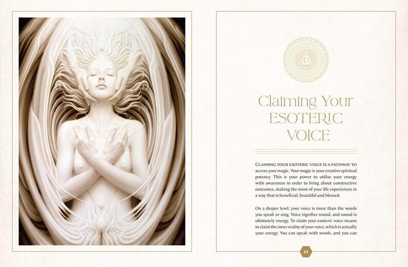 May include: An illustration from a book features a serene, nude figure with closed eyes, hands crossed over the chest, surrounded by flowing, ethereal forms. The text "Claiming Your Esoteric Voice" is displayed on the facing page.