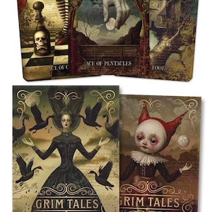 May include: A collection of tarot cards and a companion deck. The tarot cards feature illustrations of a skull bottle, a hand holding a coin, and a building. The companion deck has a doll-like figure and a woman with black birds. The text "Grim Tales" and "Tarot" are visible.