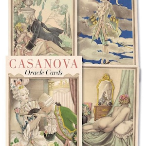 Może przedstawiać: Talia kart orakulumowych o nazwie "Casanova Oracle Cards" z ilustracjami par w różnych romantycznych sceneriach. Karty charakteryzują się vintage'owym stylem z stonowanymi kolorami i szczegółowymi grafikami. Pudełko zawiera tekst "Umberto Brunelleschi - Alice Mastroleo" oraz numer karty "11. SURPRISE".