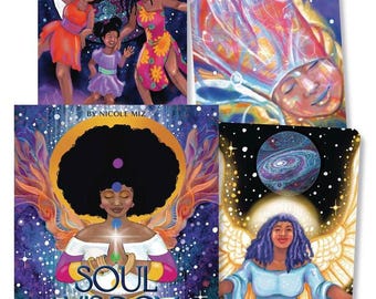 May include: A colorful oracle card deck with a woman meditating with wings. The card features a dark blue background with stars and a galaxy. The text on the card reads "Soul Wisdom Oracle" and "Everyday Enlightenment for All Souls".