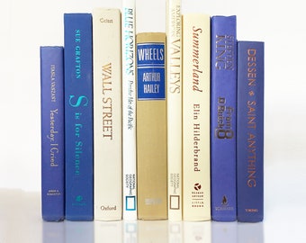 Bookshelf Decor: Books for Decorating in Periwinkle Blue, Violet and Creamy Khaki, Vintage Books and Writings for Book Lovers Decor