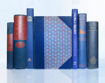 Vintage Blue Bookshelf Decor in Rustic Shades of Blue, Classic and Modern Book Set