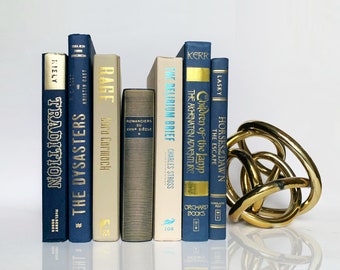 Shimmering Khaki & Navy Blue Books for Decorating; Crisp, Clean Book Stack with a Vintage French Romance in Leather