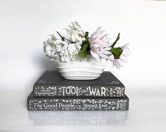 Stack of Books For Decorating; Classic Bookshelf Decor with Painterly Vines, in Sweet Gray and White For Styling Shelves, Weddings