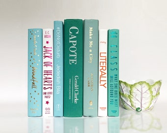Bright Bookshelf Decor: Soft Blue, White and Green Decorative Book Set With Charm, Classics For Styling Bookshelves and Coffee Tables.