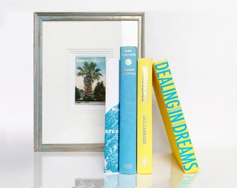 Bookshelf Decor: Pretty Blue  and Yellow Books for Decorating, for Styling Bookshelves and Coffee Tables With a Hygge Vibe and Charming Cat