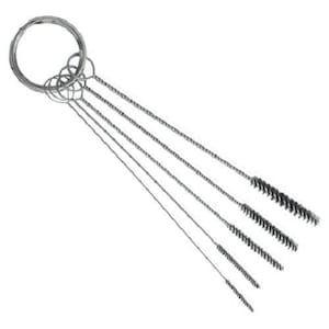 May include: A set of six cleaning brushes with different sized wire bristles attached to flexible metal wires. The wires are connected to a ring at the top.