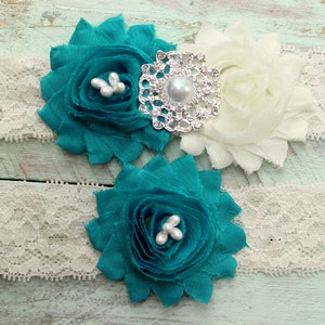Teal Garter Set -  Wedding Garters, Ivory Lace Garter w/ Flowers, Pearl & Bling, Wedding garder belt, Plus size garter, green / blue garter
