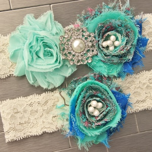 Teal Peacock Wedding garder, Something Blue Garter Set, Lace Garter w/ Flowers, Pearl and Bling Accents, Plus size bridal garters available