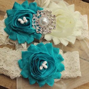 Teal Garder Set -  Teal Wedding Garter Teal and Ivory Garter Flowers Wedding Garder Plus size garter turquoise blue garter turqoise garter