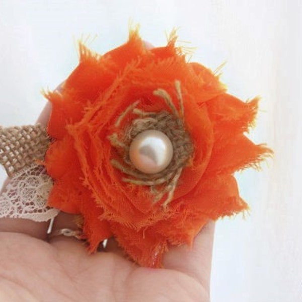 Orange Bridal Burlap Hair Flower - Wedding Hair Accessory Clip for Bride, Bridesmaids or Flower Girls, Lace, pearl, Auburn Wedding Hairpiece