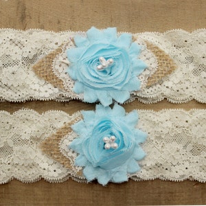 Something Blue Wedding Garter - Burlap and Lace Garter Set w/ Pearls, Rustic Country Western Garter, Burlap wedding garder belt