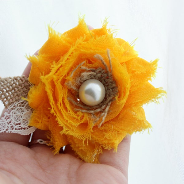 Yellow Shabby Burlap Hair Flower - Yellow Bridal Hair Accessory Burlap and Lace Hair Clip Sunflower Wedding Hair Accessory, Shabby Chic Hair