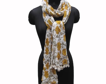 Floral Print Cotton Scarf, Yellow Flower Tassel Scarf