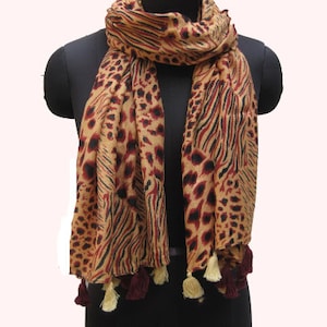 Tiger print scarf/ animal print scarf/ light weight scarf/ stole/ tassel scarf /beige and brown scarf/ / gift ideas.
