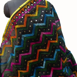 Phulkari scarf/phulkari dupatta/ chanderi scarf/ wrap/ black scarf/  embroidered stole/ gift scarf / gift ideas.